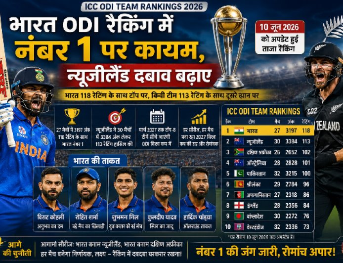 ODI Ranking में Team India का ताज बरकरार, New Zealand की चुनौती तेज; 2027 World Cup से पहले बढ़ी नंबर-1 की जंग