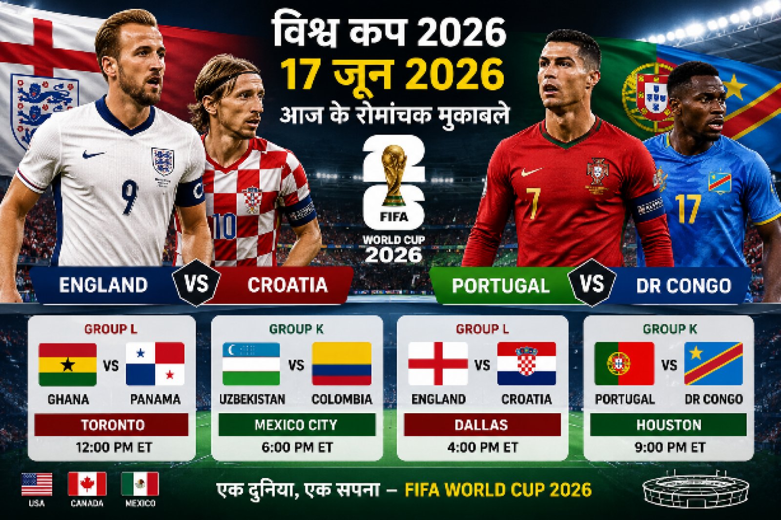 World Cup 2026 में आज सुपर संडे जैसा रोमांच: England-Croatia की महामुकाबले पर दुनिया की नजर, Ronaldo भी एक्शन में