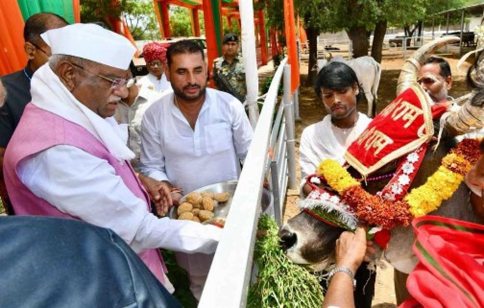 राज्यपाल बागडे ने गायों को खिलाया चारा, फिर भागवत कथा में बैठकर सुनी श्रीकृष्ण की अमर लीलाएं
