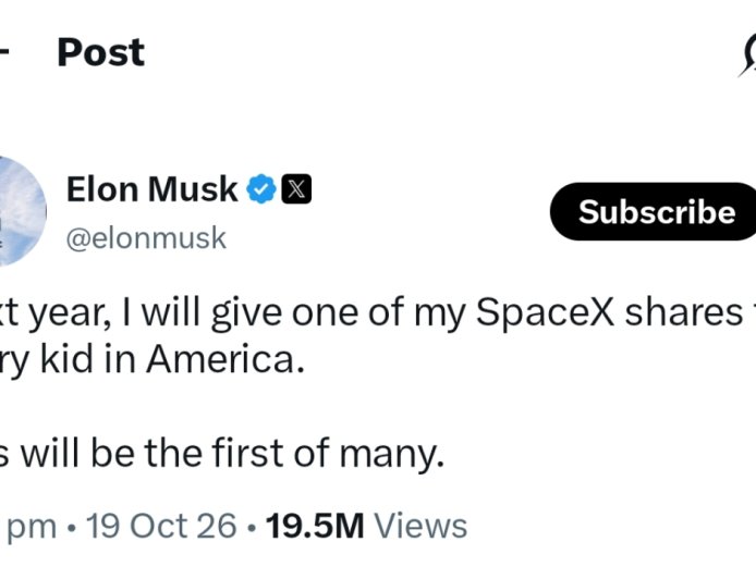 Elon Musk का ऐलान: 2027 में अमेरिका के हर बच्चे को मिलेगा 1 SpaceX Share, कीमत करीब ₹1 लाख करोड़