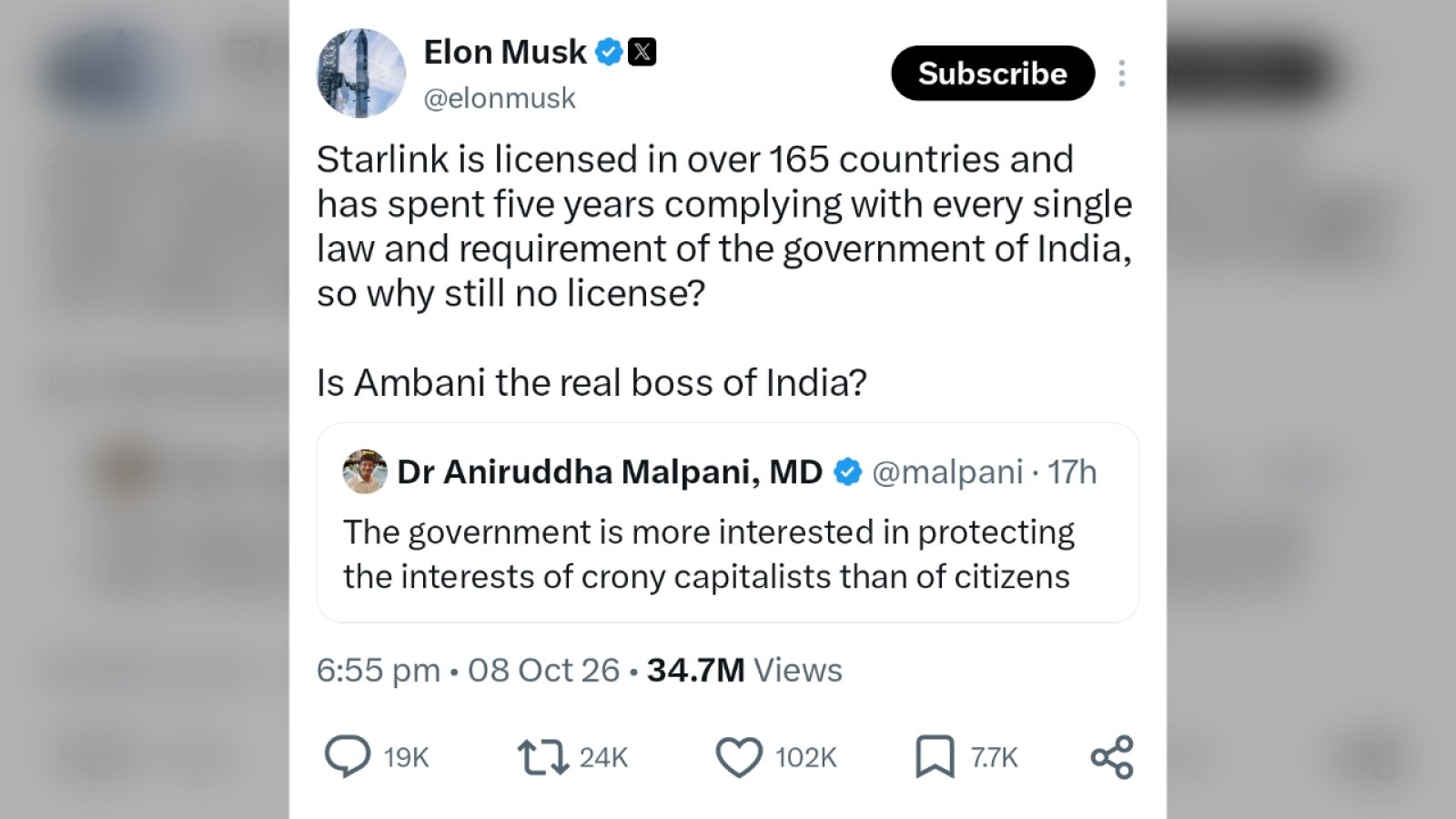 Elon Musk का Starlink India विवाद: "क्या Ambani हैं असली बॉस?" सवाल पर सरकार ने आरोप बताए बेबुनियाद
