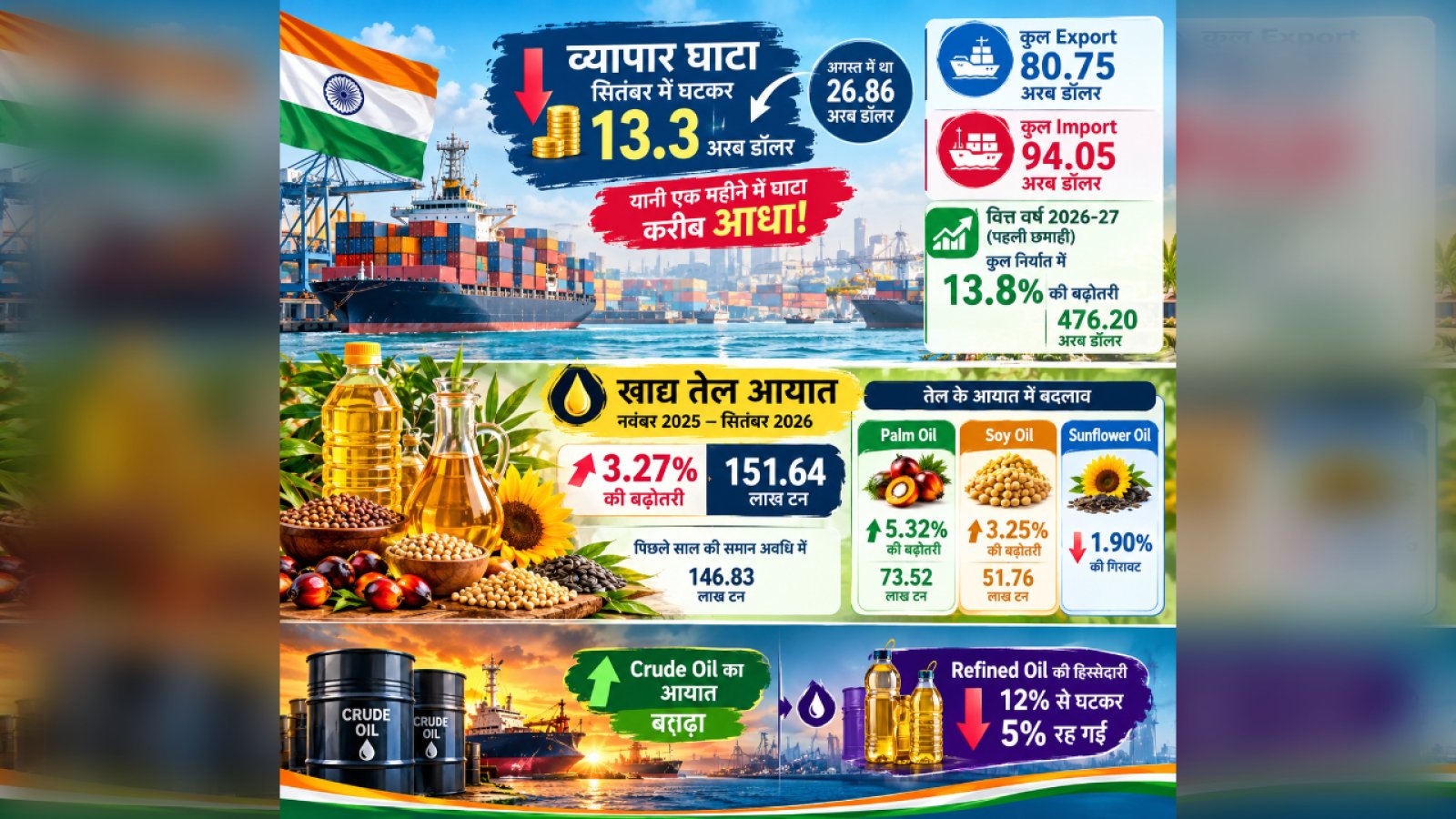 India Trade Deficit घटकर 13.3 अरब डॉलर, Edible Oil Imports 3.3% बढ़कर 151.64 लाख टन